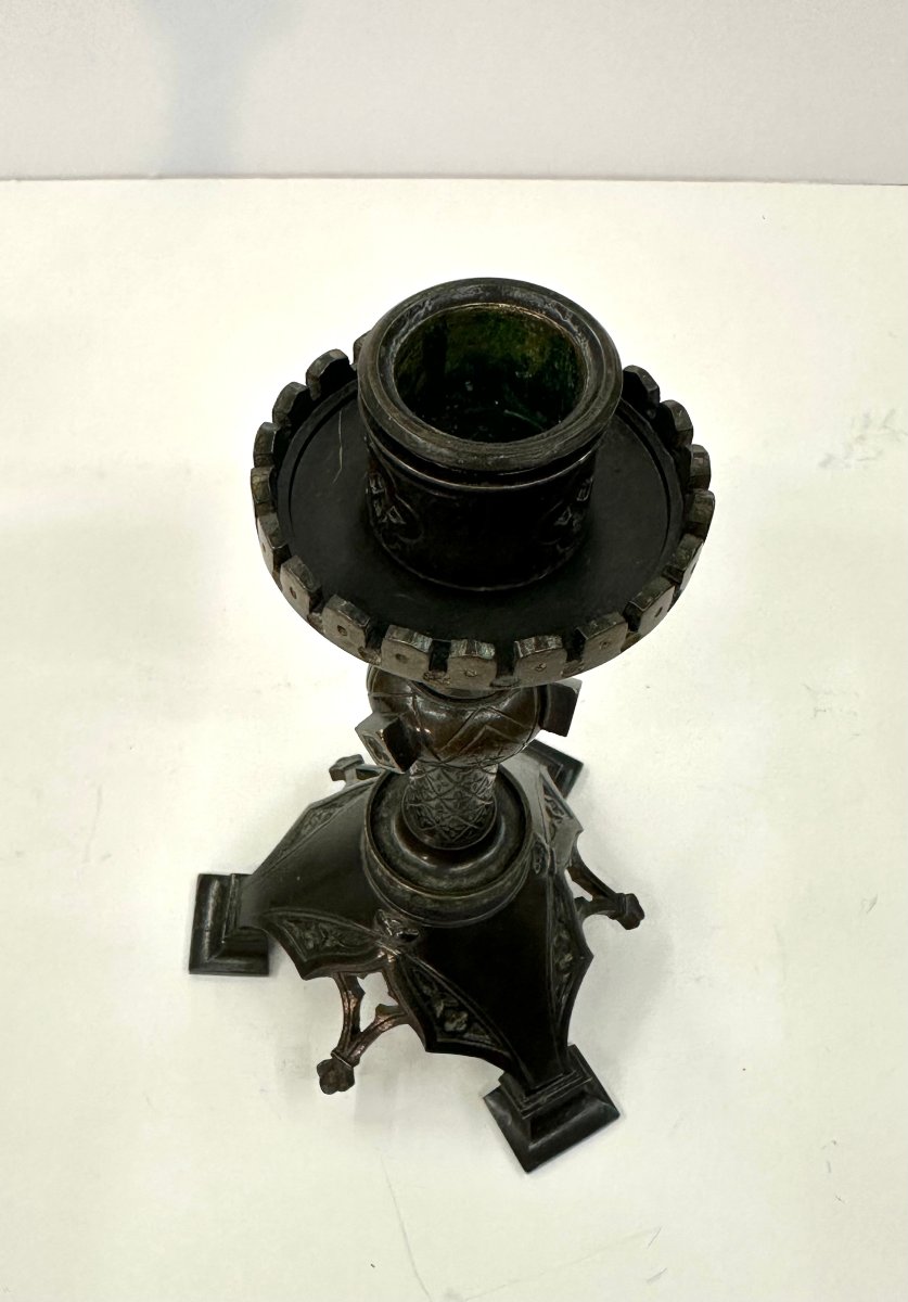 Pair Of Neogothic Candles - Bronze Patine - Mid 19th C.-photo-2