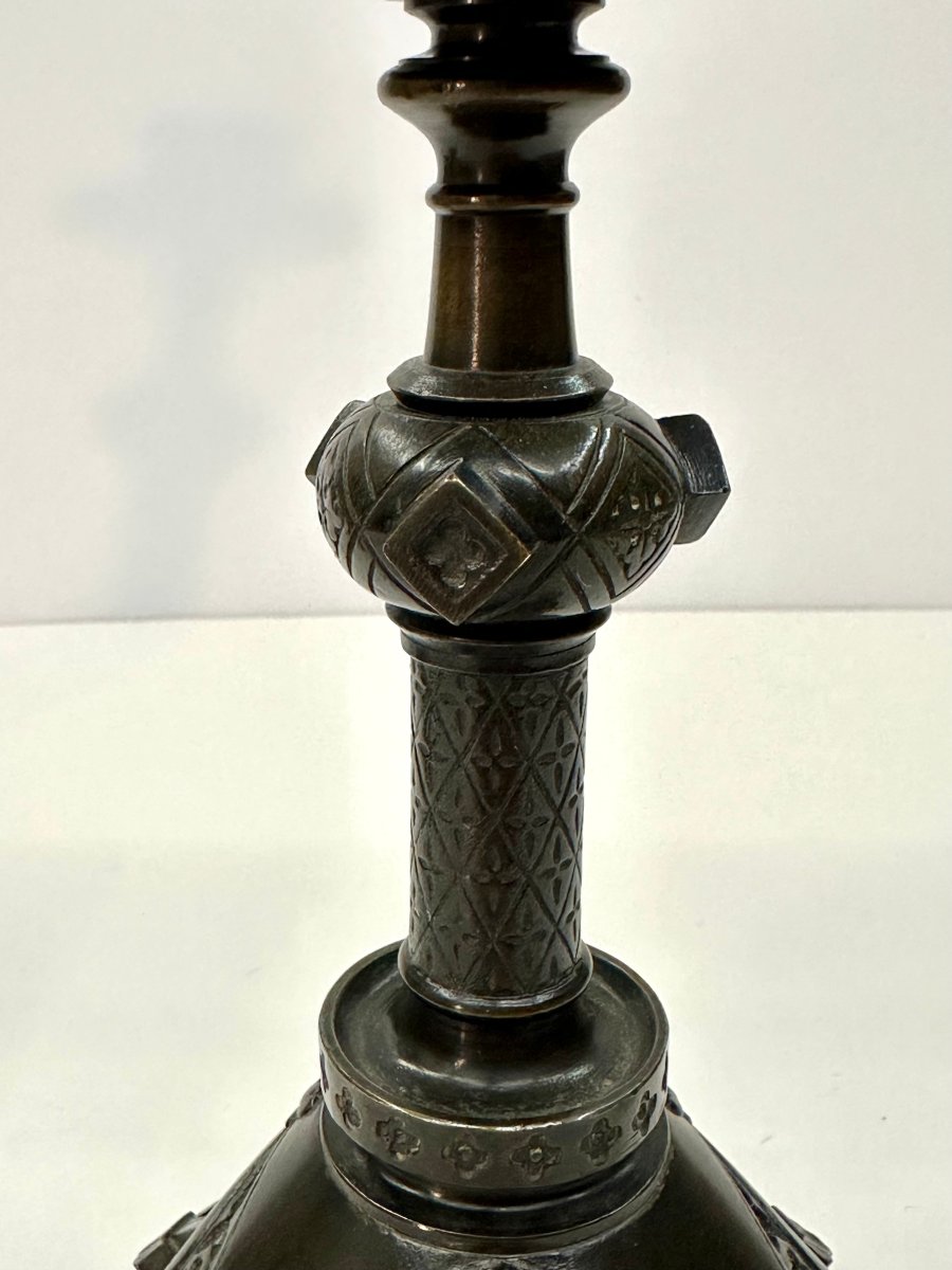 Pair Of Neogothic Candles - Bronze Patine - Mid 19th C.-photo-1