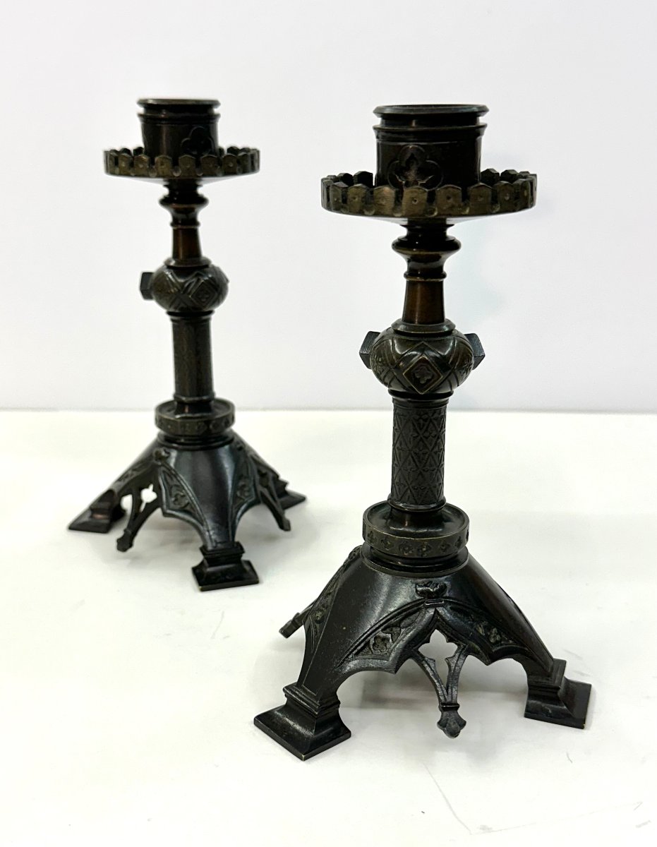 Pair Of Neogothic Candles - Bronze Patine - Mid 19th C.
