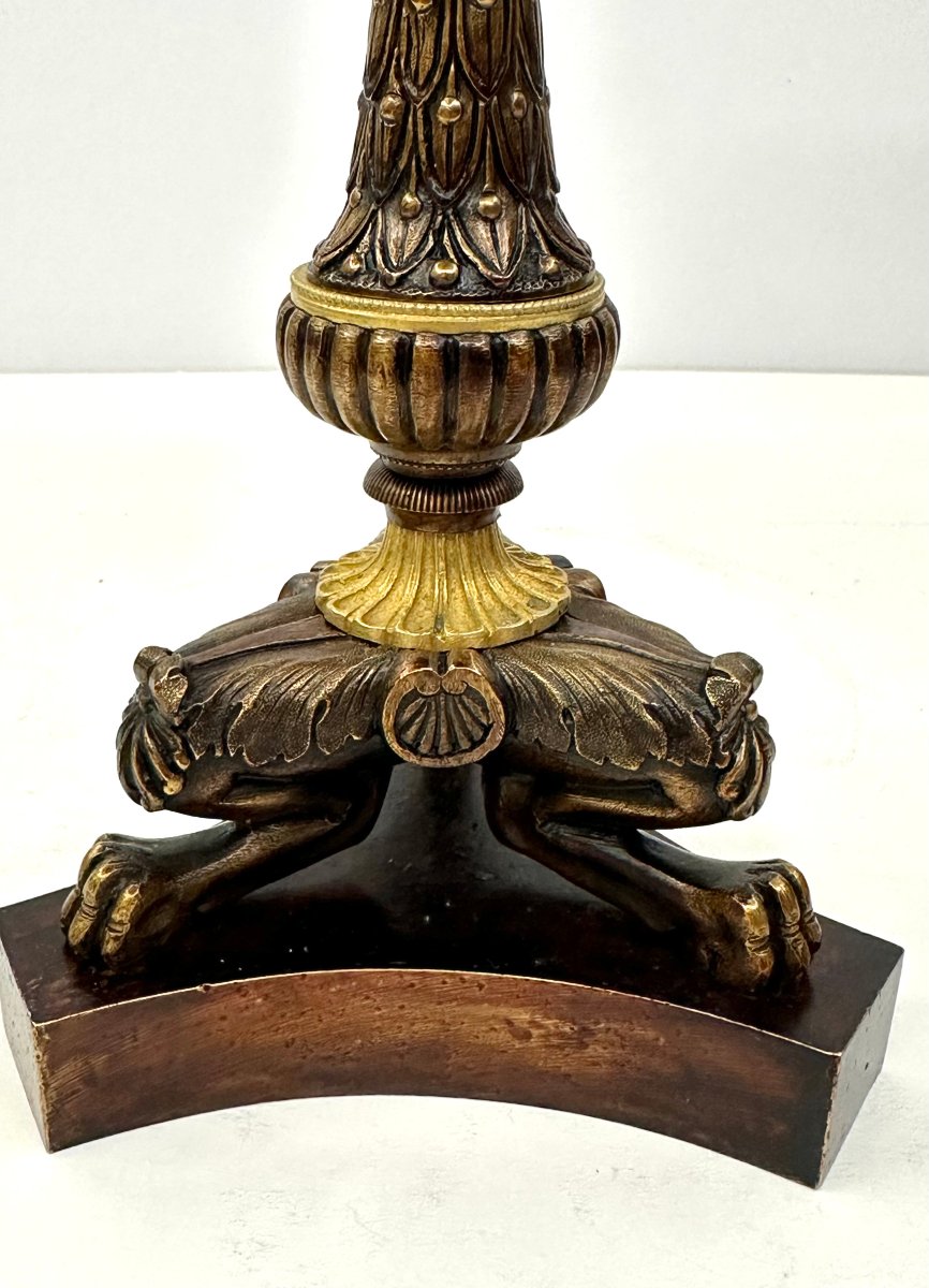 PAIRE DE BOUGEOIRS - BRONZE DORE ET PATINE - EPOQUE RESTAURATION-photo-5