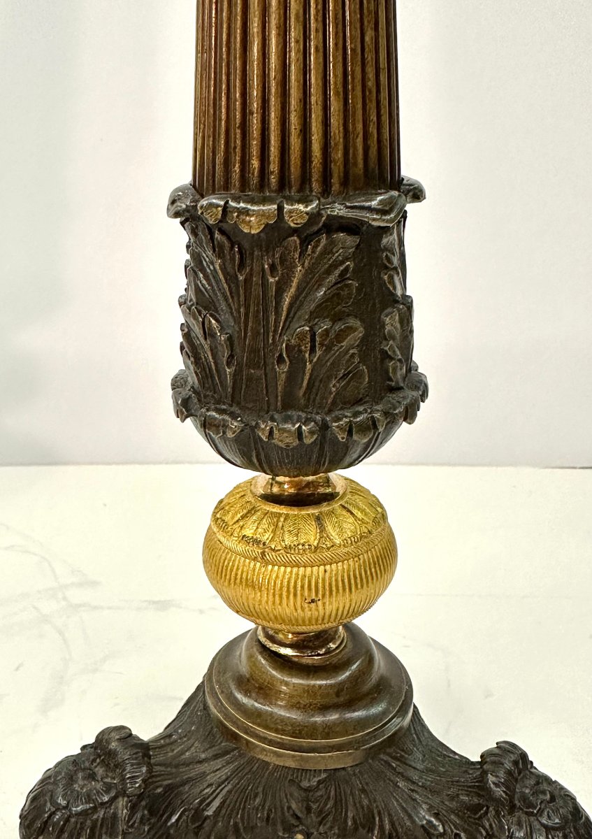 PAIRE DE GRANDS BOUGEOIRS - BRONZE PATINE ET DORE - EPOQUE CHARLES X , VERS 1825-photo-3