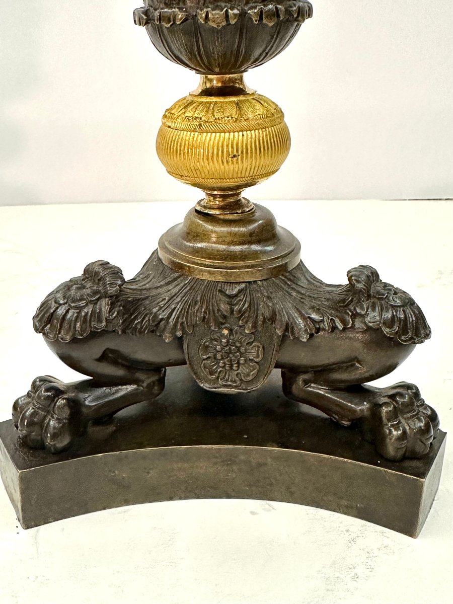 PAIRE DE GRANDS BOUGEOIRS - BRONZE PATINE ET DORE - EPOQUE CHARLES X , VERS 1825-photo-4