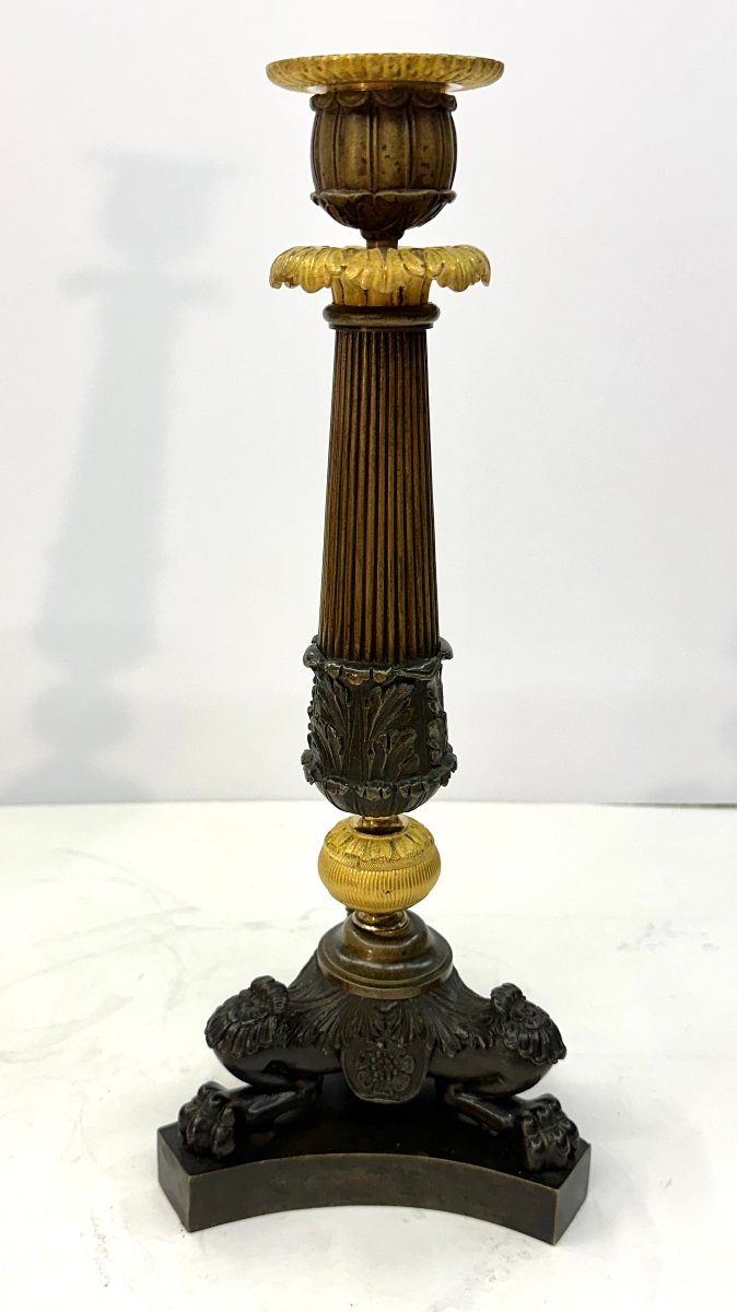 PAIRE DE GRANDS BOUGEOIRS - BRONZE PATINE ET DORE - EPOQUE CHARLES X , VERS 1825-photo-5