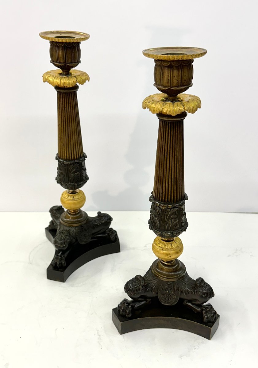 PAIRE DE GRANDS BOUGEOIRS - BRONZE PATINE ET DORE - EPOQUE CHARLES X , VERS 1825-photo-6