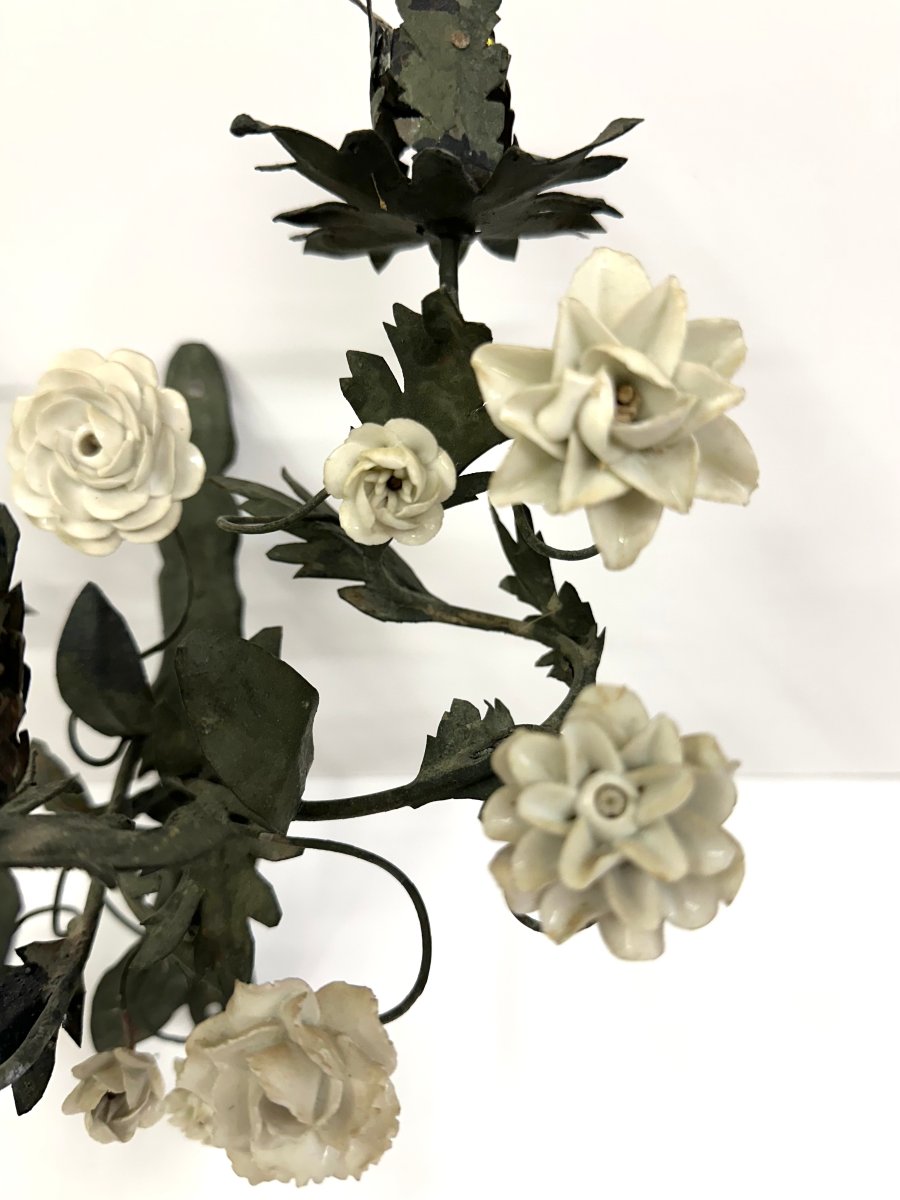 Pair Of Wall Sconces - Lacquered Sheet Metal And Porcelain Flowers - Early 20th Century-photo-1