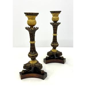 Pair Of Candlesticks - Gilded Bronze With Patina - Restoration Period