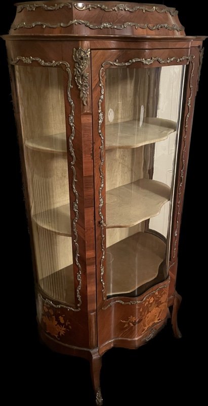 Elegant Inlaid Showcase Curved All Face Louis XV Style-photo-2