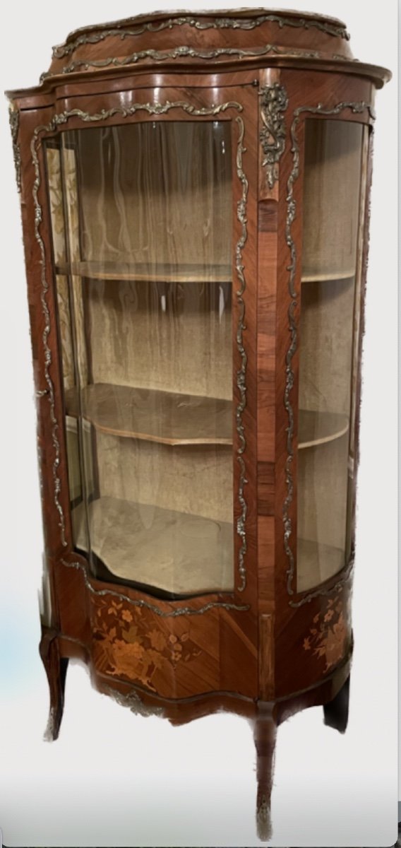 Elegant Inlaid Showcase Curved All Face Louis XV Style-photo-8