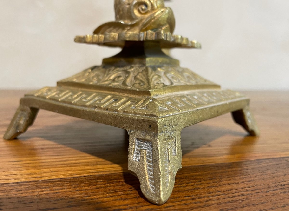 Pretty Pair Of Bronze Candlesticks Decorated With Dolphins-photo-3