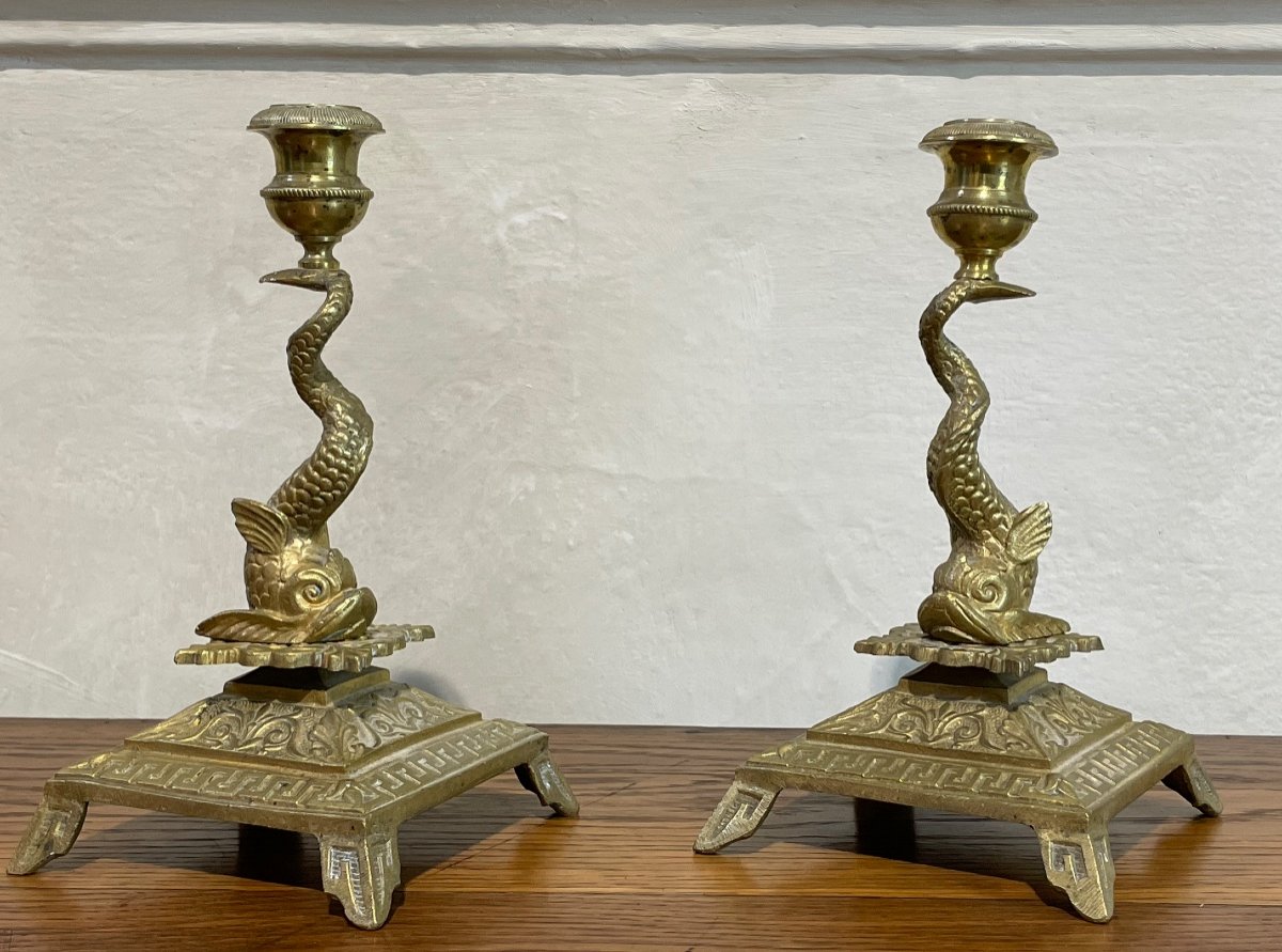 Pretty Pair Of Bronze Candlesticks Decorated With Dolphins