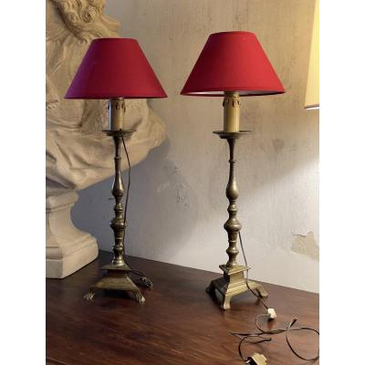 Pair Of Bronze Candlesticks With Turned Barrel