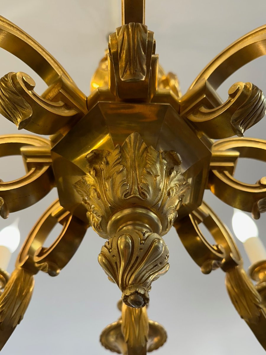 Lustre à 8 lumières en bronze doré de style Louis XVI-photo-2