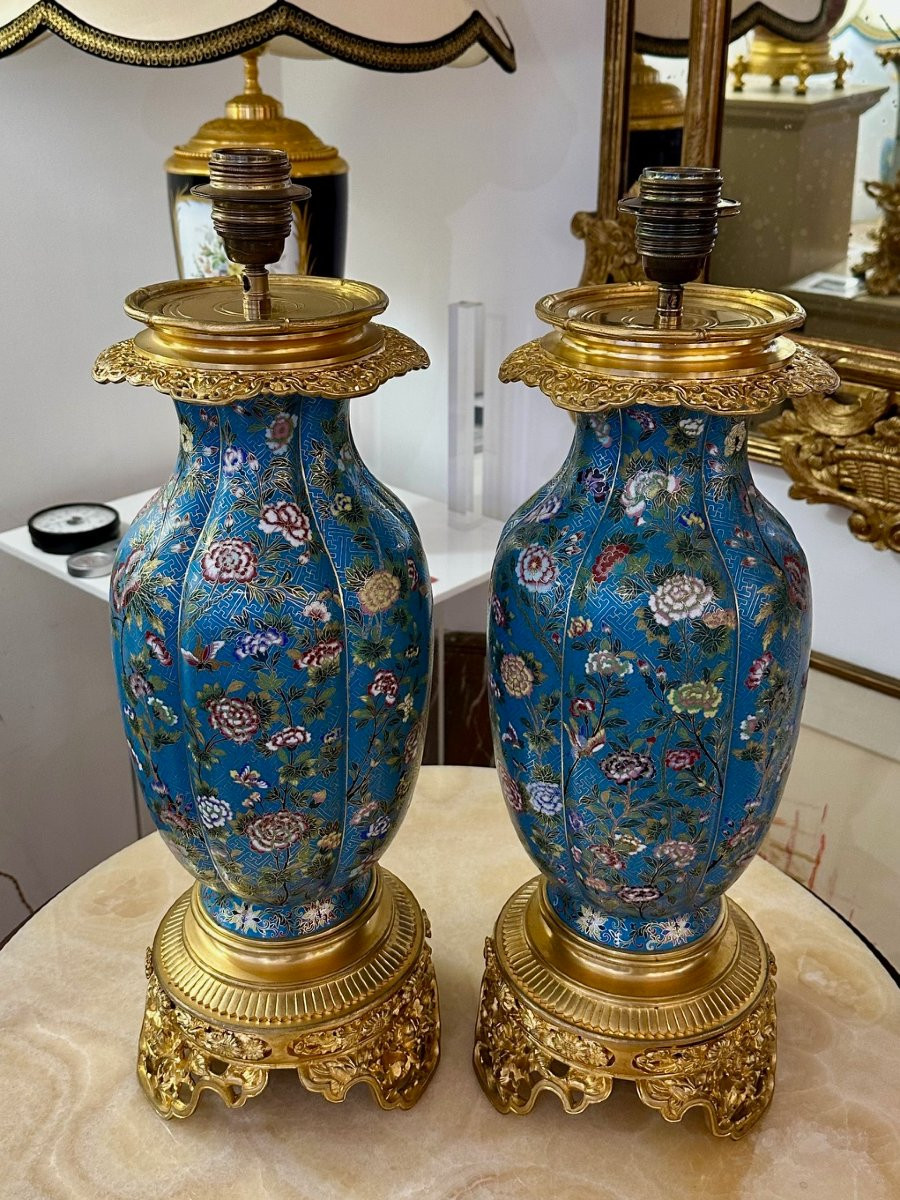 Pair Of Cloisonné And Gilt Bronze Lamps-photo-2
