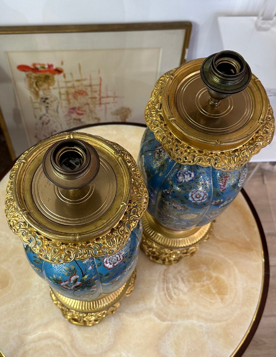Pair Of Cloisonné And Gilt Bronze Lamps-photo-1