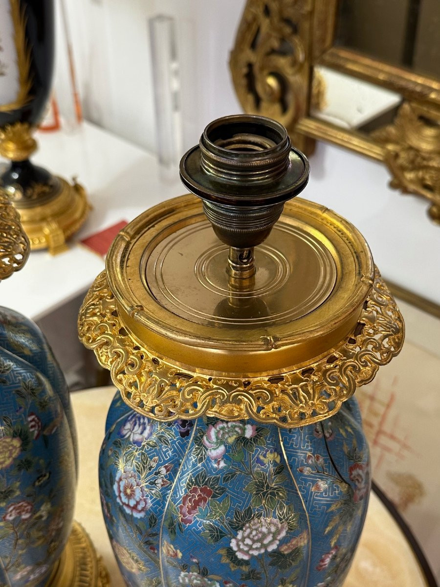 Pair Of Cloisonné And Gilt Bronze Lamps-photo-2