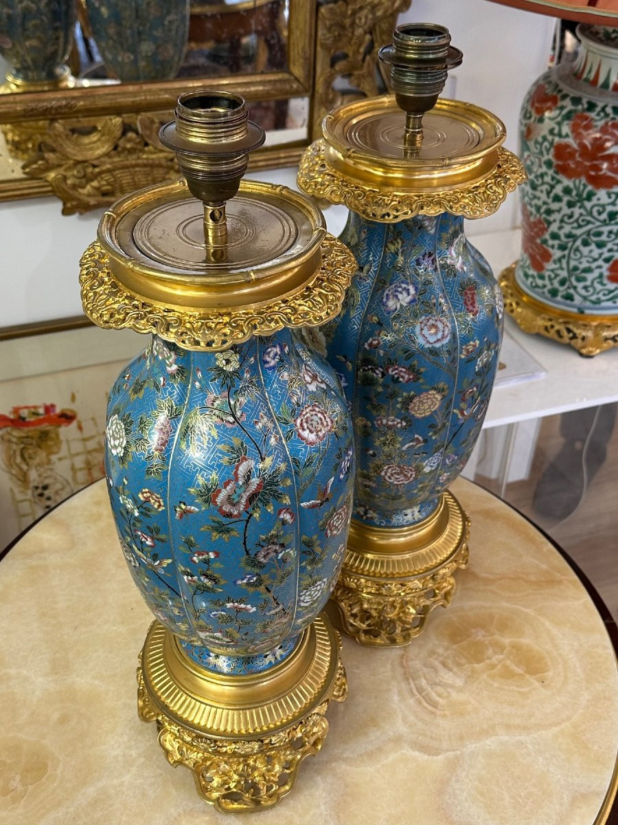 Pair Of Cloisonné And Gilt Bronze Lamps-photo-3