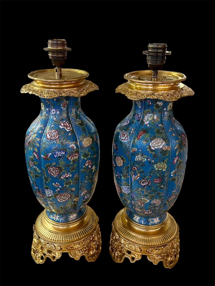 Pair Of Cloisonné And Gilt Bronze Lamps