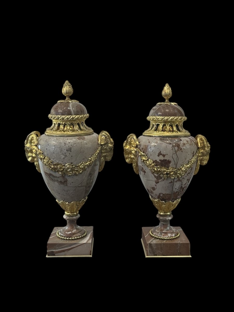 Paire de cassolettes en marbre rouge royal et bronze doré