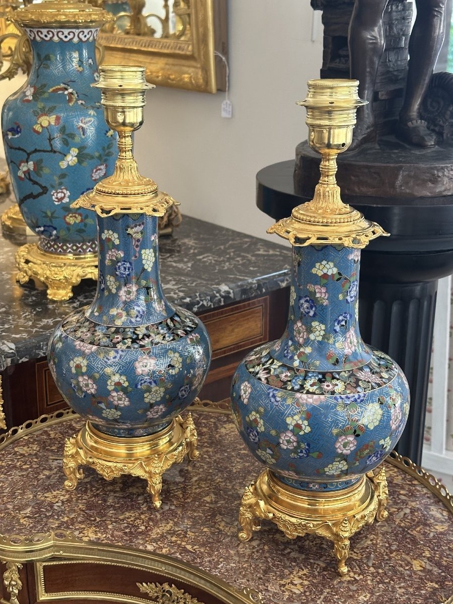 Paire de lampes en émaux cloisonnés de Chine-photo-2