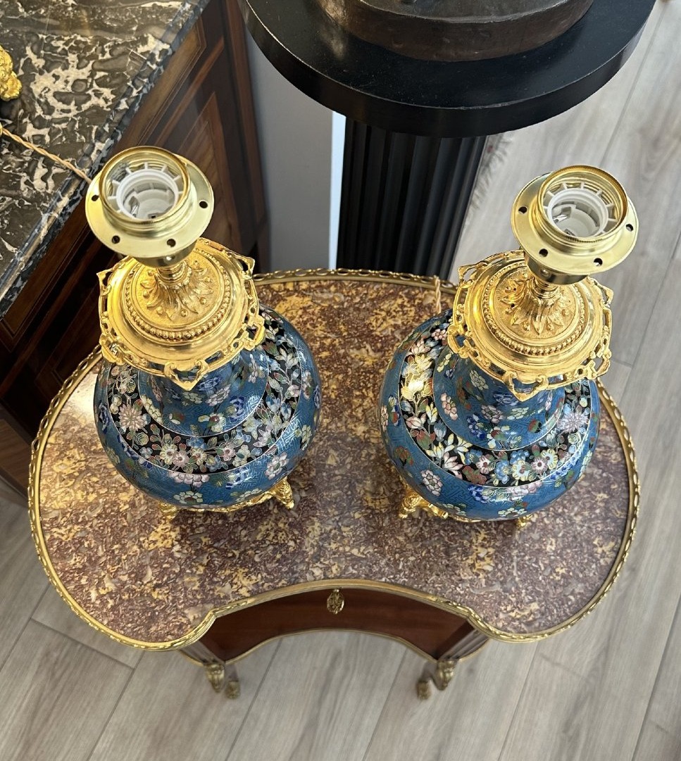 Paire de lampes en émaux cloisonnés de Chine-photo-3