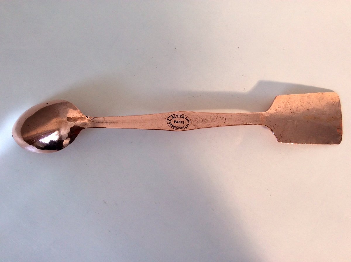 Cuillère à 2 fins en cuivre , chiffrée PP , cuillère  / spatule , XIX ème  .-photo-2