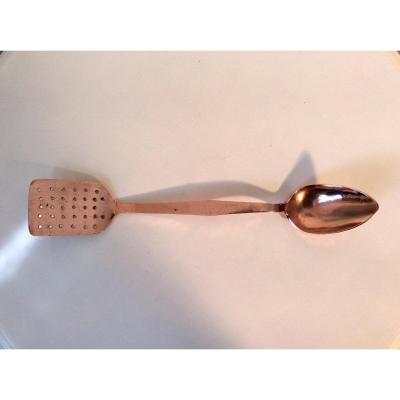 Copper 2-purpose Spoon, Pierced Spatula, XIXth.