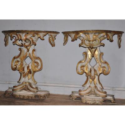 Pair Of Wooden Lacquered Consoles XVIII And Gold
