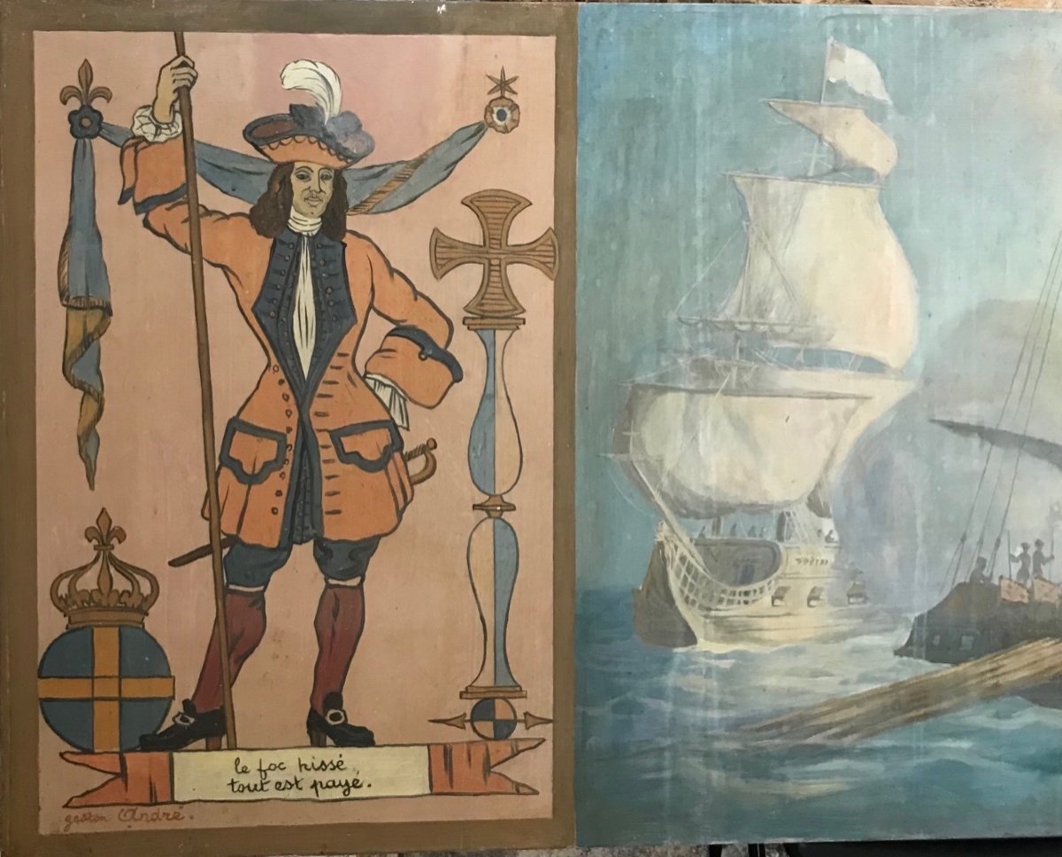 Marine Wall Fresco From The 1950s Dune Naval Battle Under Louis XV-photo-1