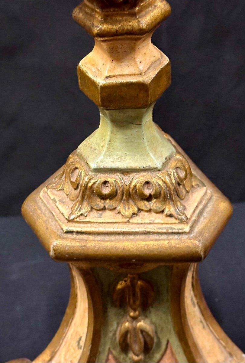 Candlestick In Turned And Carved Polychrome And Gilded Wood On An Almond Green Background Late 18th Century-photo-4