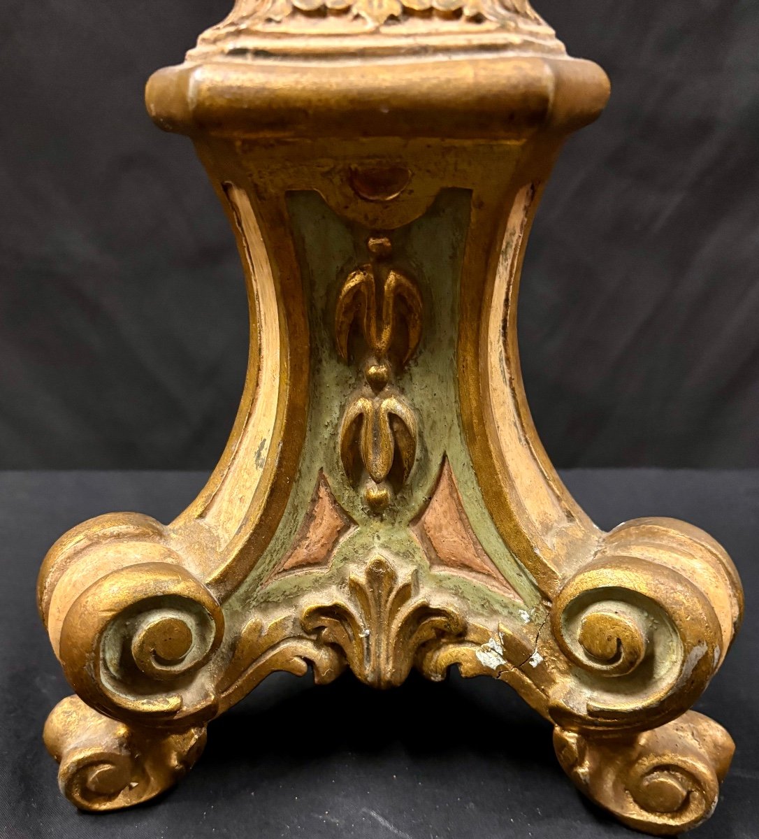 Candlestick In Turned And Carved Polychrome And Gilded Wood On An Almond Green Background Late 18th Century-photo-1