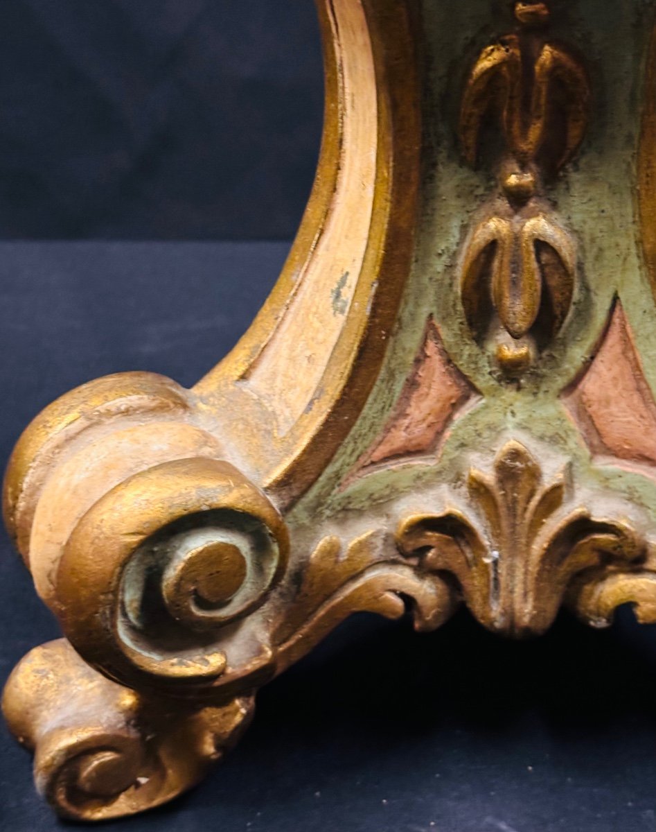 Candlestick In Turned And Carved Polychrome And Gilded Wood On An Almond Green Background Late 18th Century-photo-2