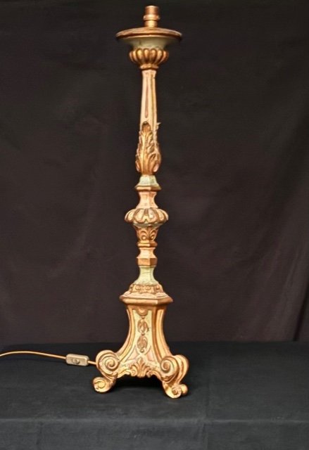 Candlestick In Turned And Carved Polychrome And Gilded Wood On An Almond Green Background Late 18th Century