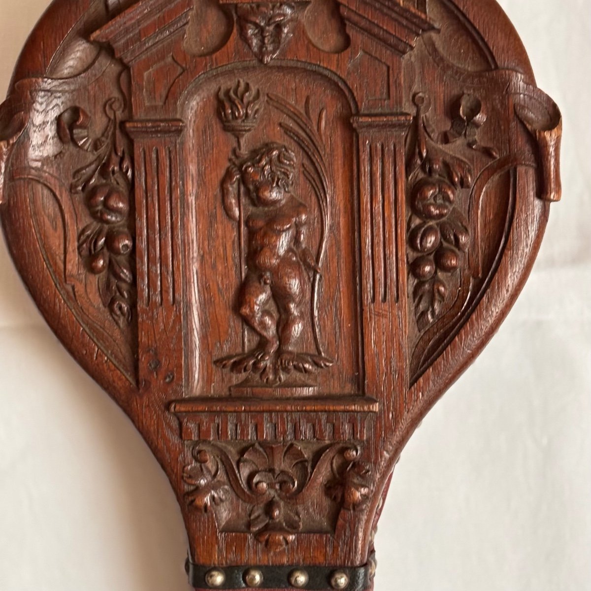 Richly Carved Oak Wood Fireplace Bellows 19th Century-photo-4