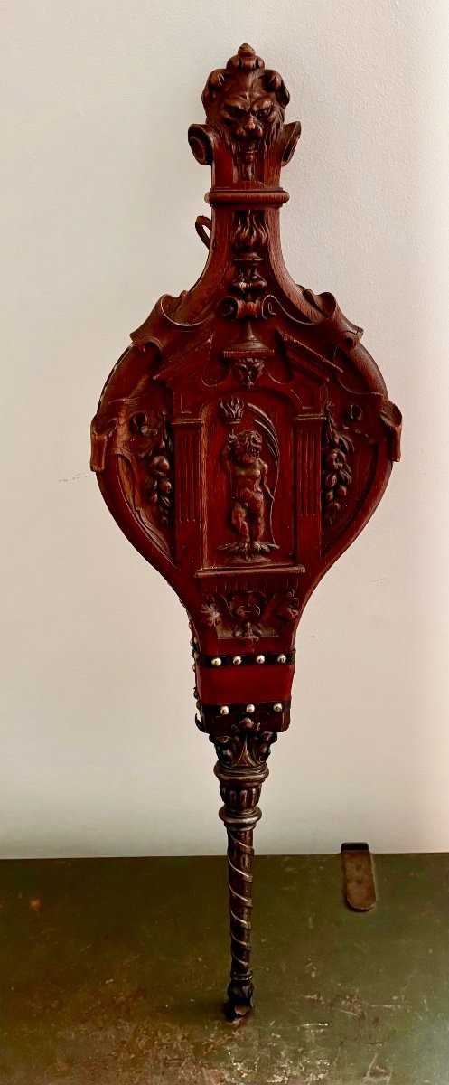 Richly Carved Oak Wood Fireplace Bellows 19th Century