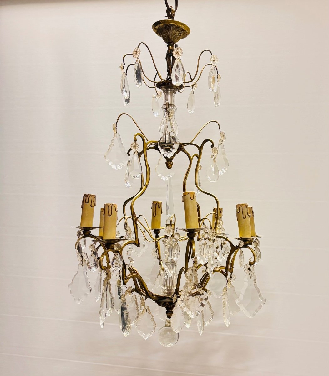 Lustre Cage De Style Louis XV En Bronze Et Cristal à 8 Bras De Lumière