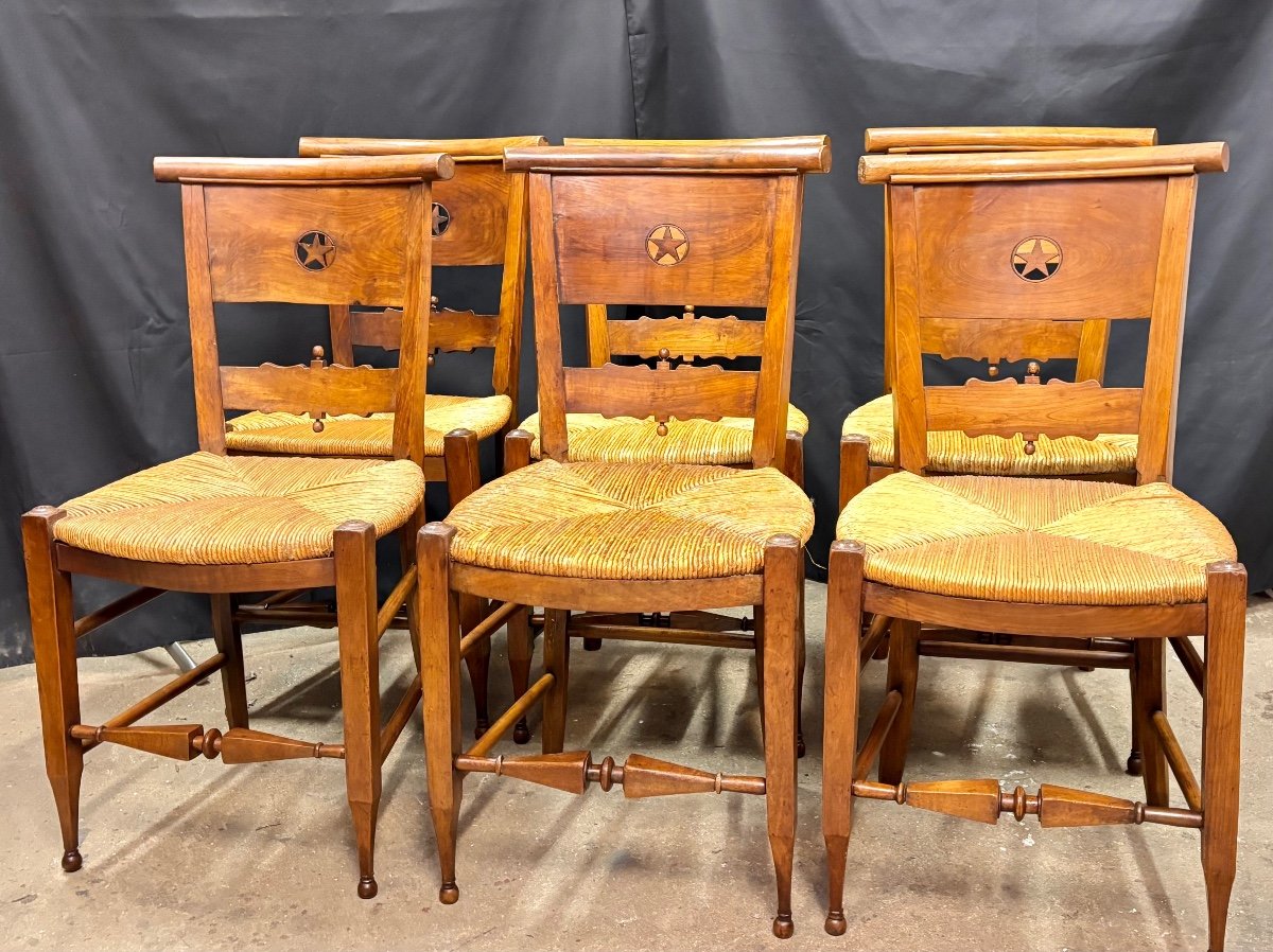 Suite Of Six Straw Chairs In Cherry Wood, Directoire Style, Provençal Work-photo-2