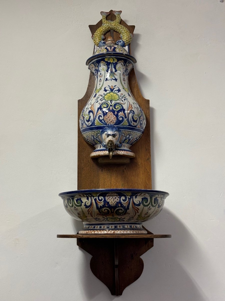 19th Century Polychrome Decorated Earthenware Wall Fountain