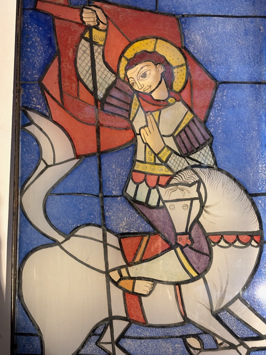  Peinture sur verre inversé représentant Saint- Georges terrassant le dragon, années 50-photo-1