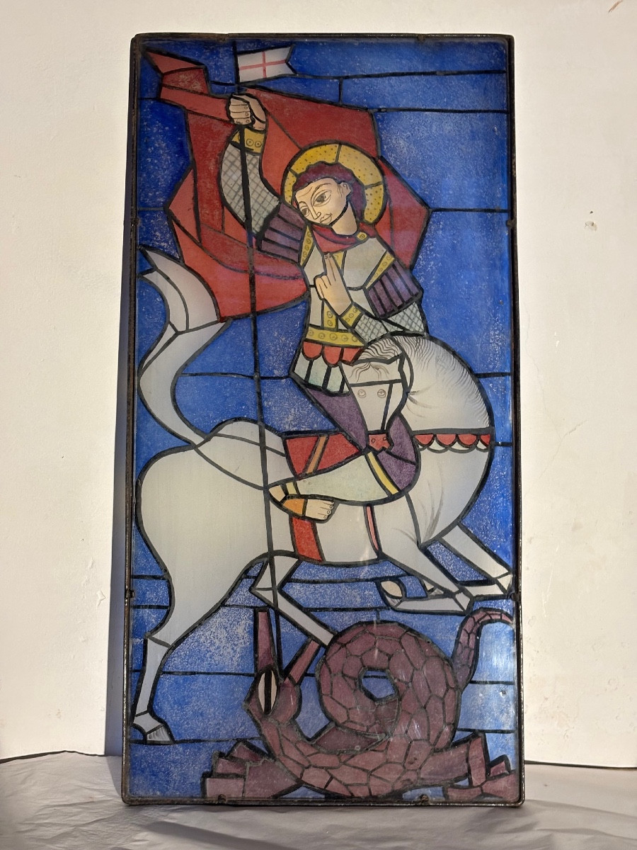  Peinture sur verre inversé représentant Saint- Georges terrassant le dragon, années 50