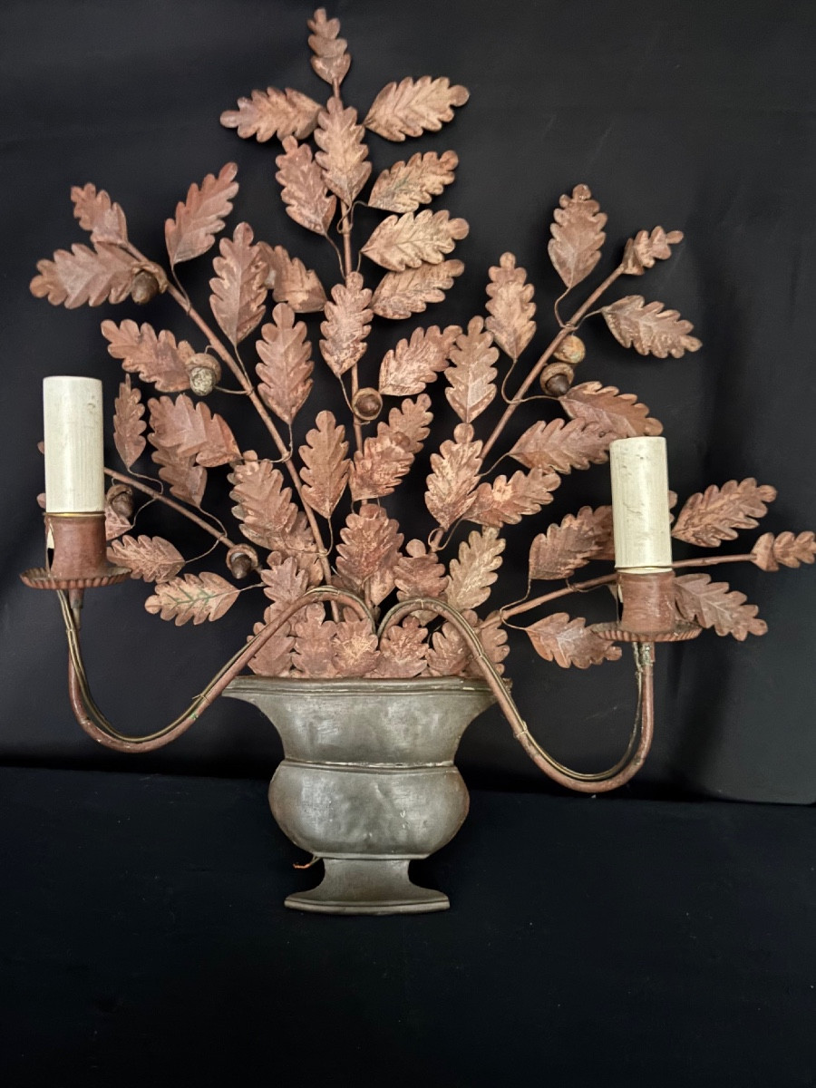 Pair Of Oak Leaf Wall Sconces, With Two Painted Metal Arms, 20th Century-photo-2