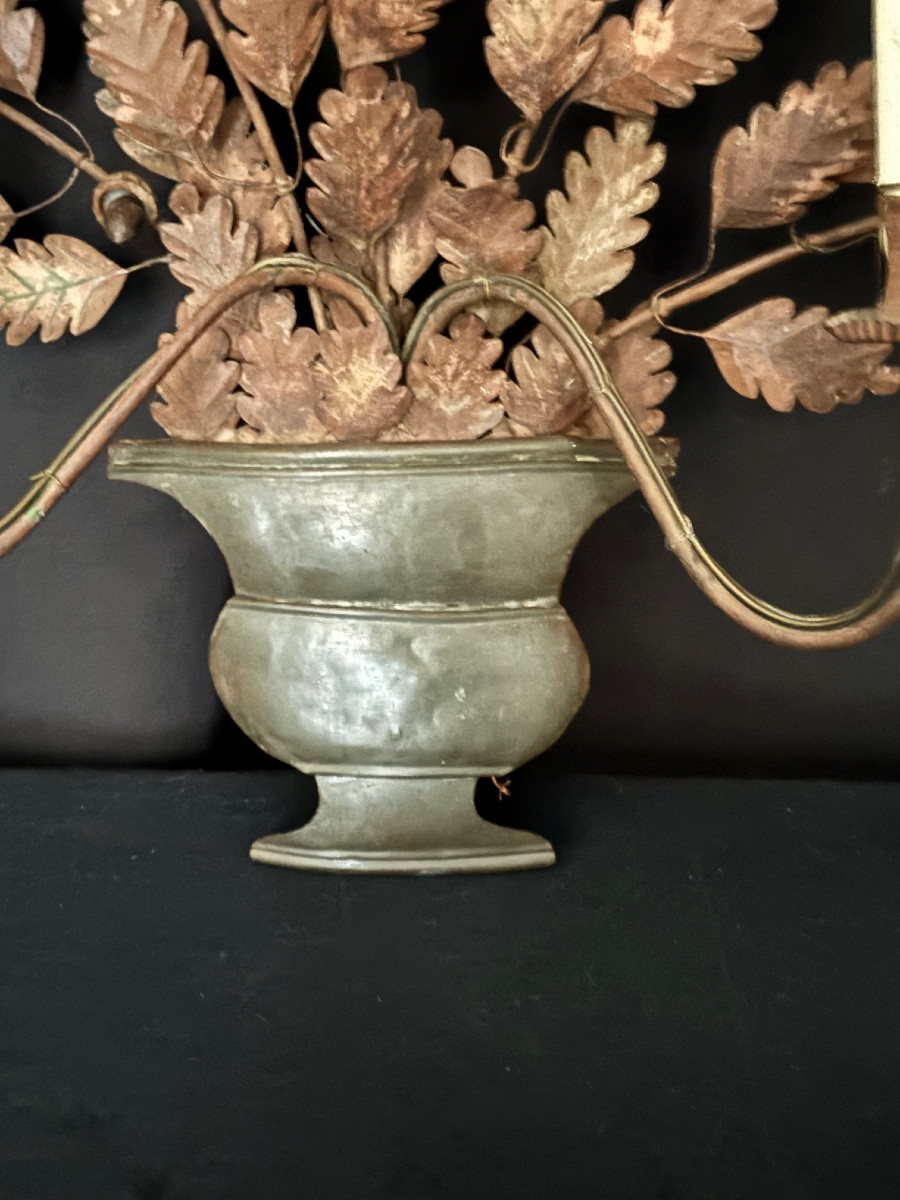 Pair Of Oak Leaf Wall Sconces, With Two Painted Metal Arms, 20th Century-photo-3