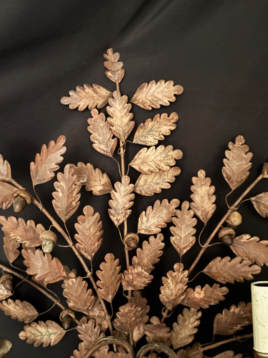 Pair Of Oak Leaf Wall Sconces, With Two Painted Metal Arms, 20th Century-photo-4