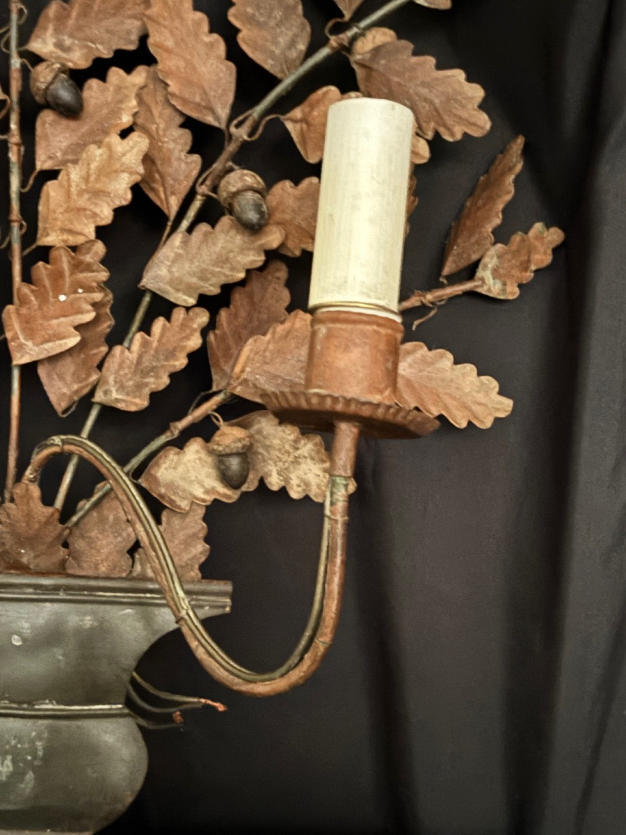Pair Of Oak Leaf Wall Sconces, With Two Painted Metal Arms, 20th Century-photo-1