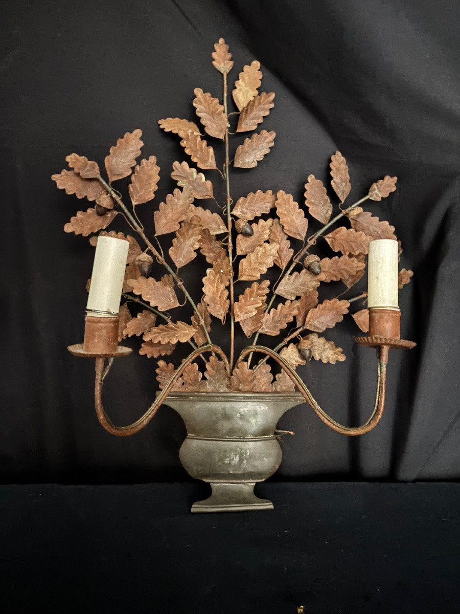 Pair Of Oak Leaf Wall Sconces, With Two Painted Metal Arms, 20th Century-photo-2