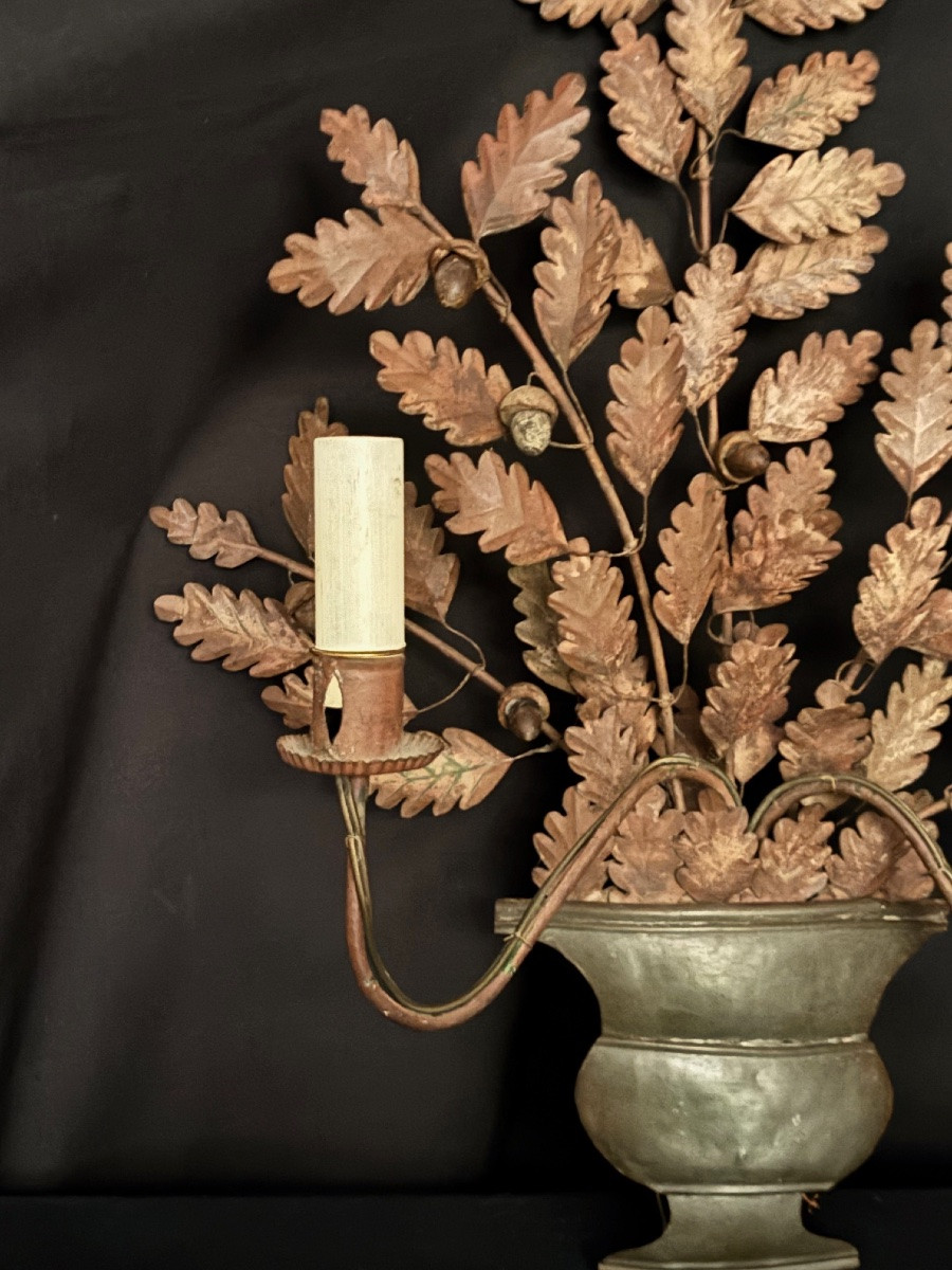 Pair Of Oak Leaf Wall Sconces, With Two Painted Metal Arms, 20th Century-photo-4