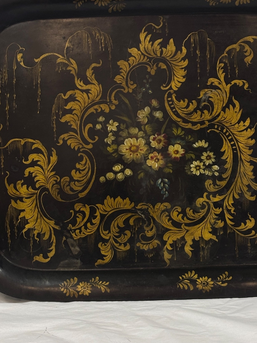 Grand plateau en tôle peinte à décor floral dans un enroulement de feuillages Napoléon III-photo-4