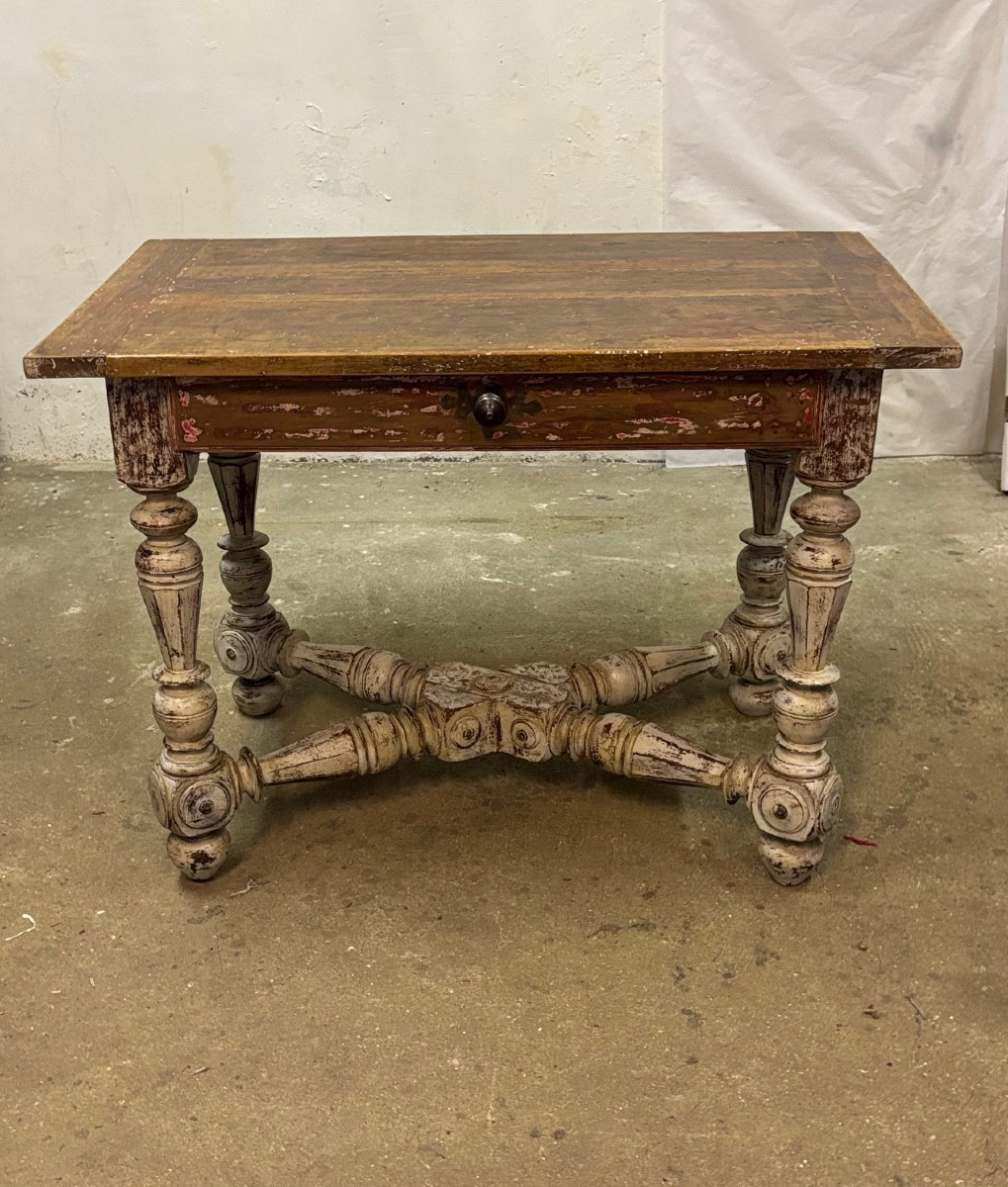 Louis XIV Style Painted Walnut Table Opening To A Drawer-photo-2