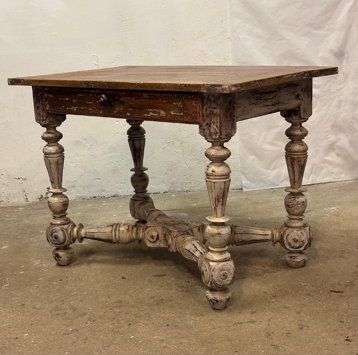 Louis XIV Style Painted Walnut Table Opening To A Drawer-photo-3