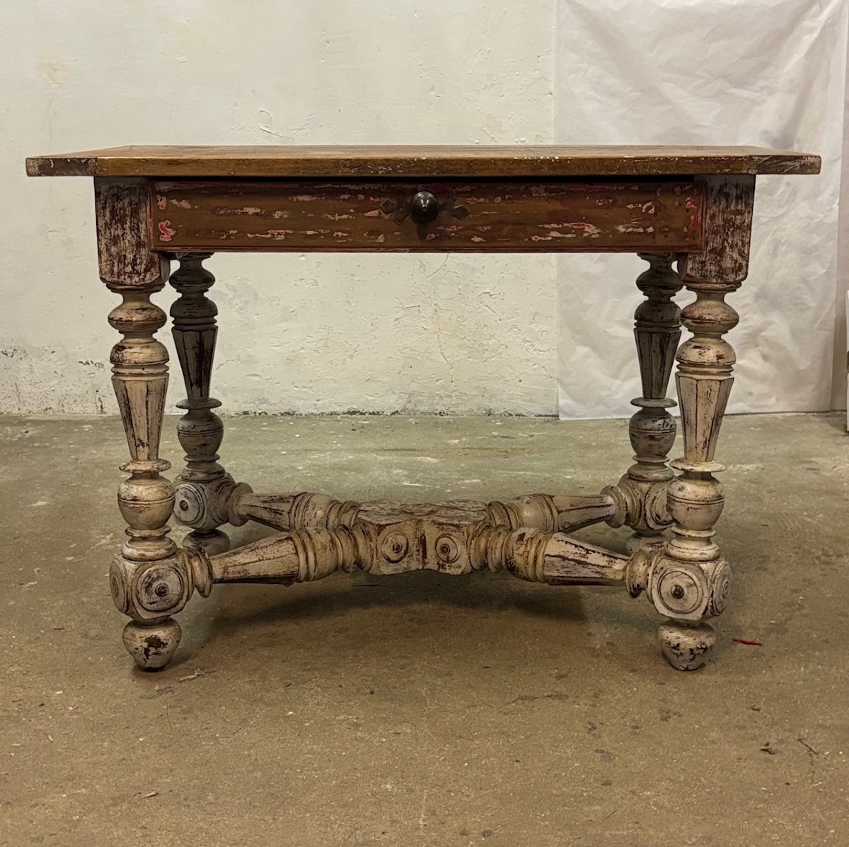 Louis XIV Style Painted Walnut Table Opening To A Drawer