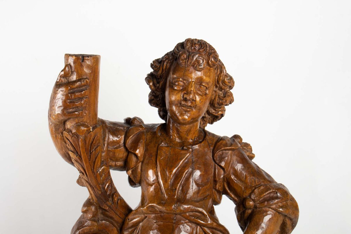 Ange Céroféraire En Bois De Tilleul Sculpté XVIIème H.75cm-photo-2